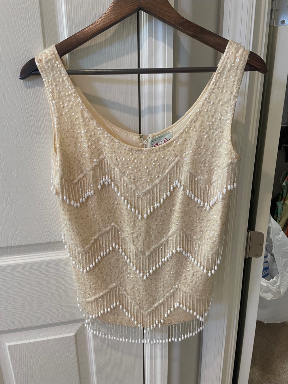 VTG hand decorated 1960s Mai Ling Cream Beaded Fringe Camisole
